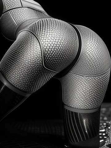 From above view, close view of face, solo, 60 years old woman, playful, seductive, smile, ((cum on face, wet)), kneeling, fishnet suit, at nightclub in bw photo style