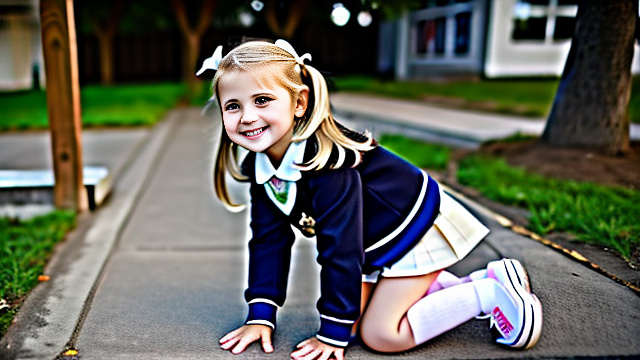 White, blonde, very cute, girl 7 years old , girl on her knees , school outfit, smiling, next to uncle, both shown in picture, in custom style