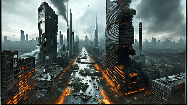 A sky scrapper, pock-marked with craters and falling debris is surrounded by a smashed and burning city. in angelcore style