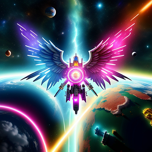 A cheerful transformer flies through space against the backdrop of planets. in angelcore style