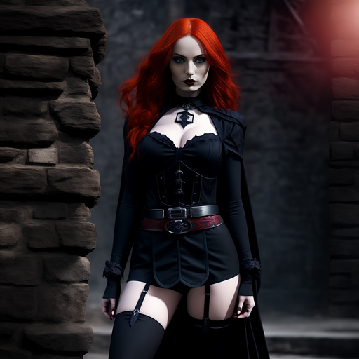 Redheaded super heroine with blue eyes wearing a skimpy outfit and a belt  in gothic style