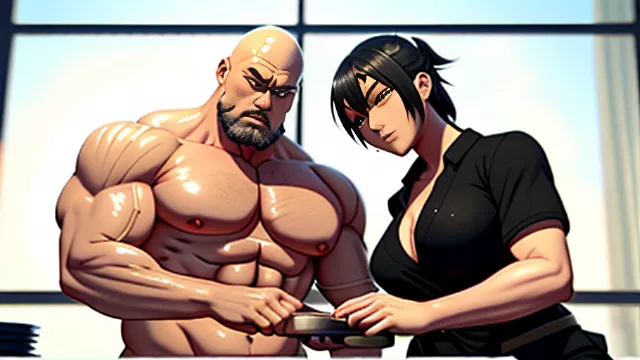 Competitive cooking contest between a shirtless black bully and shirtless white bully in an industrial kitchen. in anime style