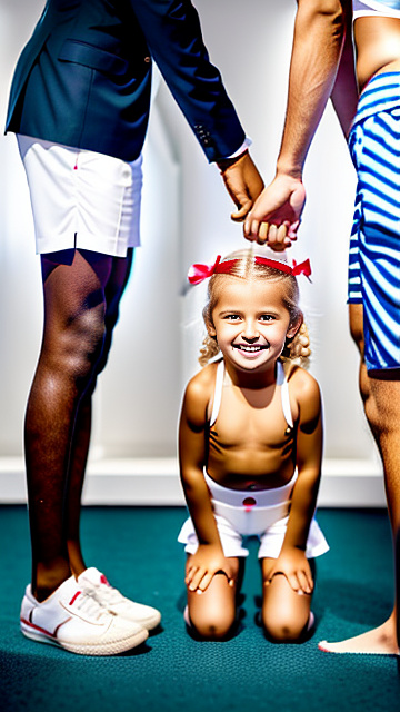 On knees, white smiling blonde girl with 7yr body wearing a underwear on her knees hands behind her head,  next to a 30-year-old-business man standing next her, both people shown in picture, girl is 7yr is looking at the  man is 30yr in custom style