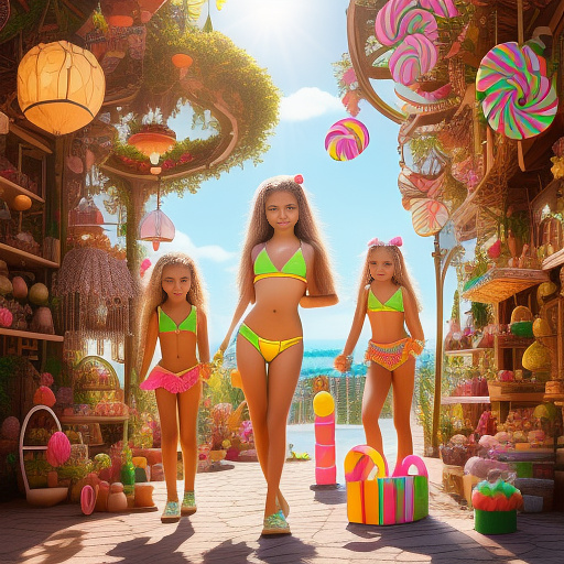 Group of small pale girls, flat chested, flat hips, perfect body, luminous long hair, bikini, focus on her juvenilebody, physicallybasedchildren in kids painted style