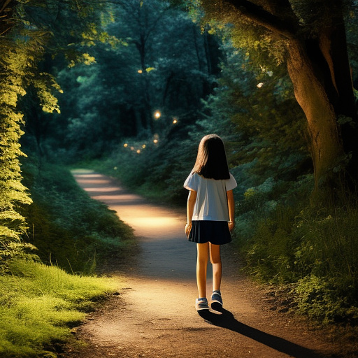 A 9-year-old girl is walking along a forest path. it's evening. she has a basket in her hand. view from behind. in custom style