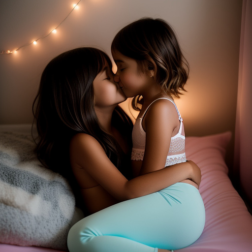 A romantic moment between a childhood couple in a cozy bedroom. the 11-year-old sexy hot girl, wearing a light, stylish bras and yoga pants, shares a gentle kiss with her 11-year-old boyfriend.  in custom style