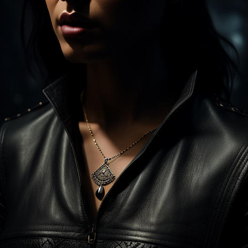 A leather necklace with a single tooth. fantasy. dark lighting. high quality digital art  in sci-fi style