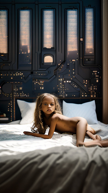 A 7-year-old girl lies naked on a bed and masturbates. in sci-fi style