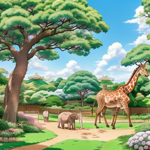 A giraffe, elephant, bird, monkey and hippo (children’s books style) in a big garden with fruit trees and grass on a sunny day  in anime style