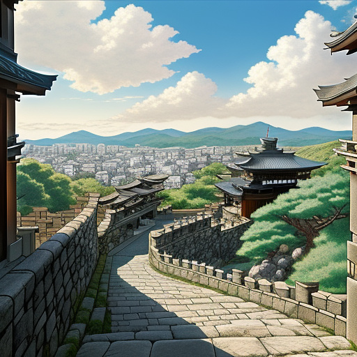 A large stone wall overlooking a coastal city in anime style