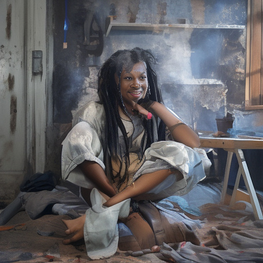 A black rastafarian is sitting on a worktable, smiling happily and smoking. the room is smoky. in custom style