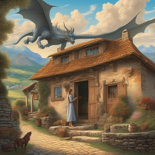 A woman says goodbye to village husband , in the doorway of their farmhouse, mountains in the background, wispy clouds, dragon flying in the distance
 in fantasy style