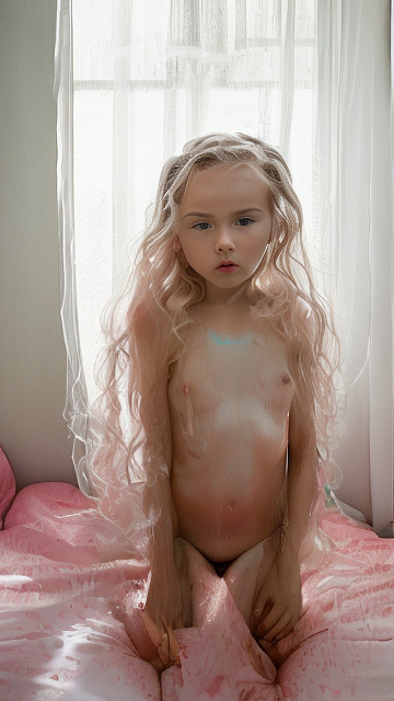 A 7-year-old girl lies naked on a bed and masturbates. in angelcore style