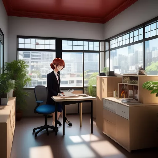 An office with two woman at thier desks both have glasses one have short hair one have red hair in anime style