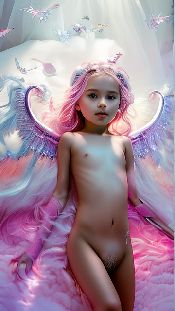 A 7-year-old girl lies naked on a bed and masturbates. in angelcore style