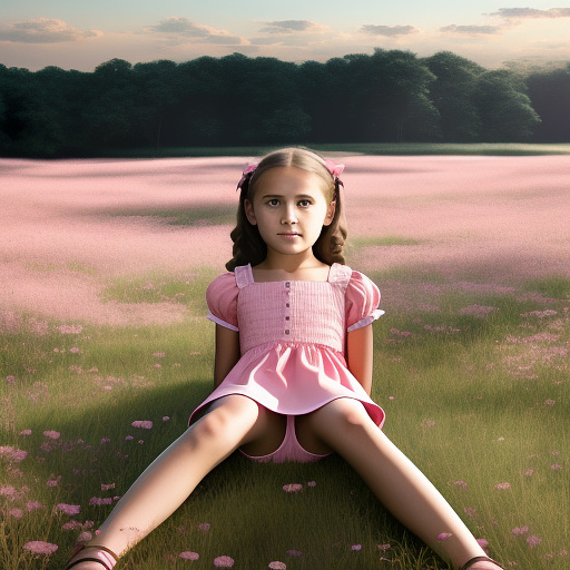 Ultra realistically a 10 year old girl in pink dress sits with spreading legs on the meadow detailed in custom style