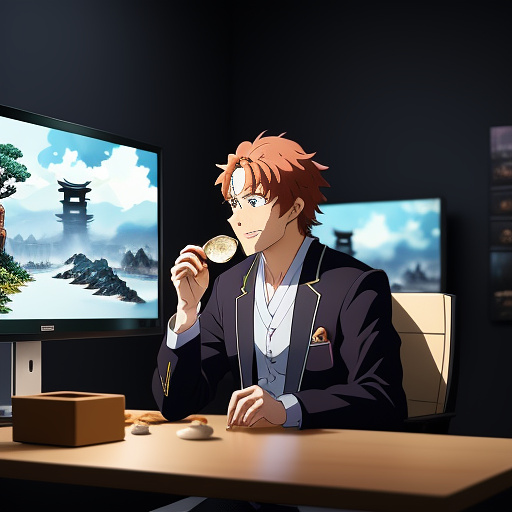 A man eating a stone like tasting food, sitting at a desk in a gaming room with rgb lighting, 8k quality, professional sound design where only the sound of eating the stone is heard, the stone maintains its bag-like appearance before and after eating, very realistic, the man dips the stone into a bowl of mayonnaise sauce before eating it in anime style