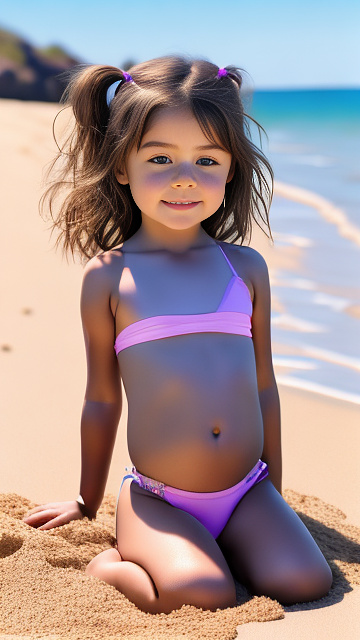 Realistic, detailed, 4-year-old girl, brown hair, full-body, small tight purple string-bikini, sitting on the beach, showing between her legs, tummy, aroused expression, eyes closed in custom style