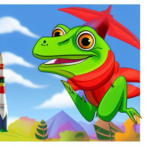 Cartoon image of a raptor dinosaur sitting on a rocket, the raptor must resemble pepe the frog in custom style