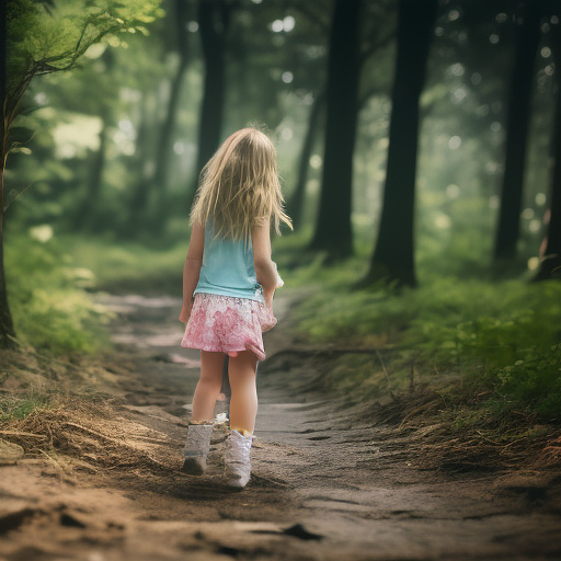 A 9-year-old girl is walking along a forest path. it's evening. she has a basket in her hand. view from behind. in custom style