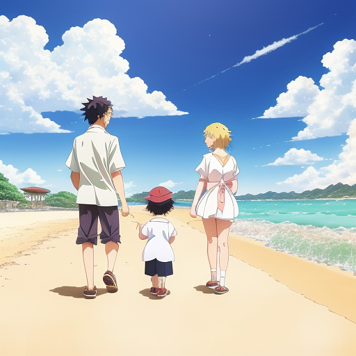 A man and a woman are walking on the beach with their 2 sons aged 6 and 2
 in anime style