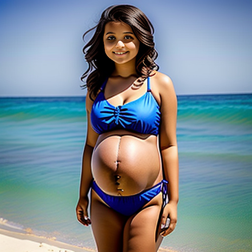 Little sister of 13-years-old pregnant of 40 weeks at bed and a  big belly and not that big boobs dressing a bikini looking back not touching her belly in custom style