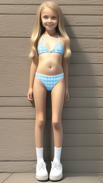 Realistic, detailed 12-year-old, blonde haired girl, wearing her bikini, full body length, wearing her rubber shoes, wearing her knee length socks, pale skin, standing, cute pose, tongue out in custom style