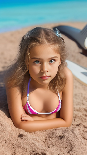 Realistic, detailed 12-year-old  anya in a silicone bikini. lying on your back
full body picture  in custom style