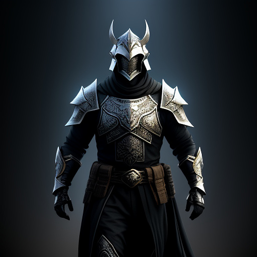Full-body concept art of a video game character named ghost. he is a warrior wearing heavy, layered dark robes over light armor, giving a more traditional mercenary silhouette. he wears a full helmet with a featureless, completely smooth white ceramic mask—no eyes, no mouth, no markings. no skin is visible; his hands are covered by dark gloves. on his forearms are compact, streamlined mechanical gauntlets designed to be sleek and non-bulky, housing hidden grappling hooks and small firearm barrels. the aesthetic is a mix of ancient tradition and low-tech grit. cinematic lighting, painterly style, dark neutral background. in darkfantasy style
