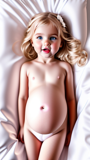 Realistic, detailed, 4-year-old blonde girl, pregnant, white wedding outfit, showing belly, laying in bed, top down full body view, red blush, pale skin, mouth open, pink eyes   in custom style