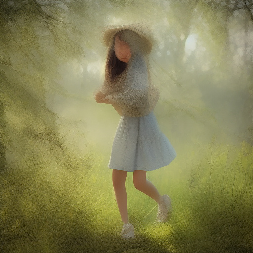 A girl is skipping across a sunny lawn. she has a basket in her hands and a hat on her head. in custom style