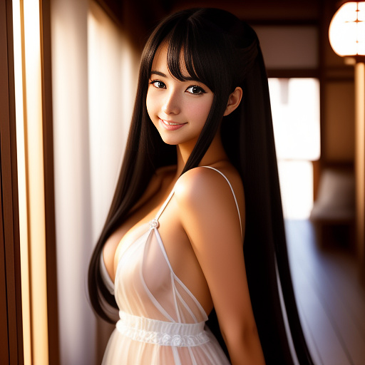 4k resolution,hentai,mature female, long black hair, brown eyes, clear eyes, fair complexion, wearing a translucent tulle dress, showing cleavage, smiling, in anime style