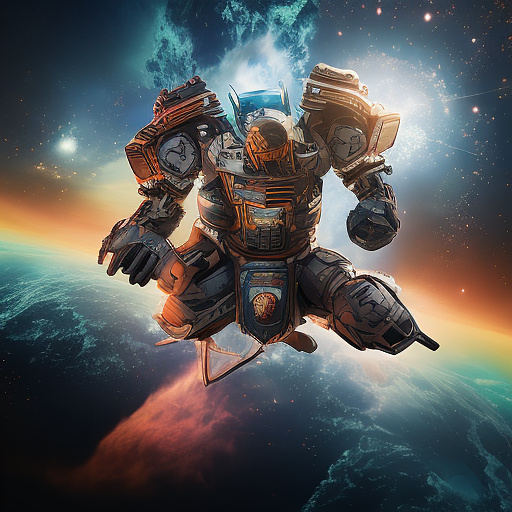 A cheerful transformer flies through space against the backdrop of planets. in custom style