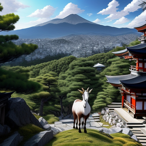 Goat standing on a mountain crest dark in anime style