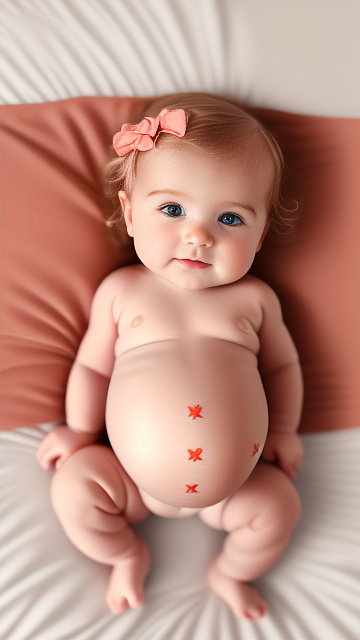 Realistic, detailed, 2-month-old blonde girl, in red peach dress, pregnant, laying in bed, top down full body view, red blush, right hand on belly   in custom style