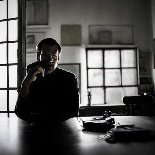 In a dark room, there is a telephone and a gun on the table. a man is sitting on a chair, and he is dead. in custom style