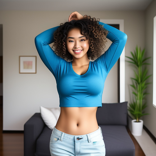 Sexy asian college student with her arms up and large boobs and short curly hair and in a long sleeve loose cropped t shirt and jeans pants and showing her whole belly and cleavage and standing in the living room and full body picture in custom style
