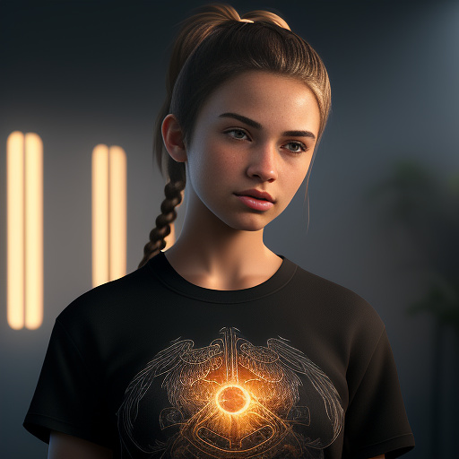 A beautiful young 16 year old girl with brown eyes, pale whiteskin and light brown hair tied into a thick ponytail. wearing a normal black shirt. 
 in angelcore style