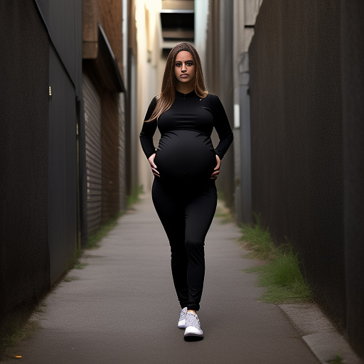 Pregnant, pedophile, alleyway, full body, black spandex in custom style
