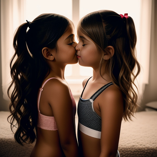 A romantic moment between a childhood couple in a cozy bedroom. the 11-year-old sexy hot girl, wearing a light, stylish bras and yoga pants, shares a gentle kiss with her 11-year-old boyfriend.  in custom style
