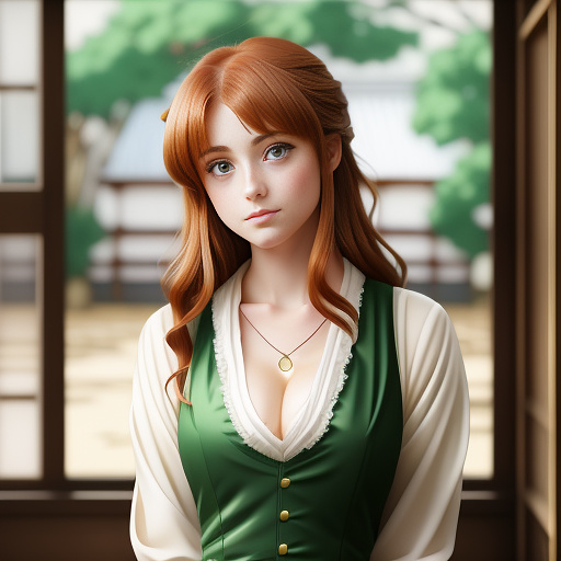 A young victorian woman with ginger hair and green eyes in anime style