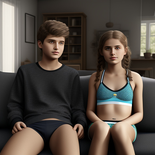 Ultra realistic a cute 14 year old german girl and her 20 year old brother are sitting on the sofa in the living room in their underwear in custom style