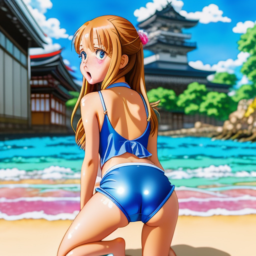8 year old girl
tiny swimsuit
huge big boobs
kneeling
shiny swimsuit
yelling 
crying
big buttcrack in anime style