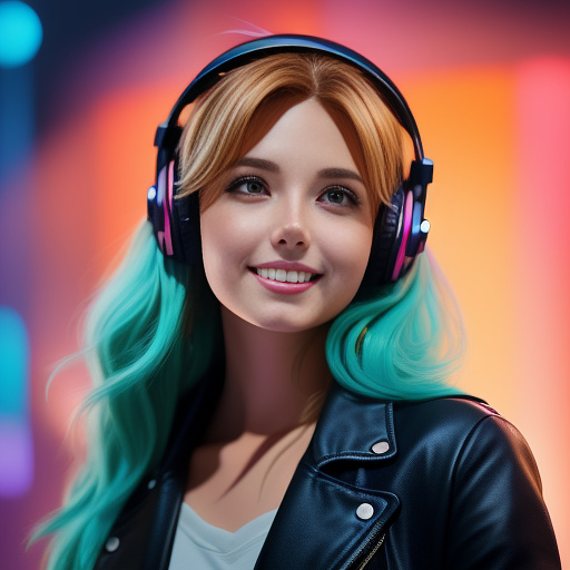 3/4 angle portrait of a dynamic female singer, golden hair with luminous highlights, hair caught mid-motion, confident smiling expression, wearing subtle stage makeup and a black leather jacket, black studio headphones, strong golden backlight to accentuate hair rim, purple and deep blue gradient background with soft neon streaks (pink and turquoise), studio-quality lighting, realistic details, cinematic sharpness, square aspect ratio for profile. in anime style