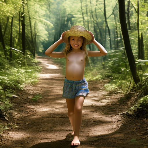 A 9-year-old girl is skipping along a forest path. she has a basket in her hands and a sun hat on her head. she's naked in custom style