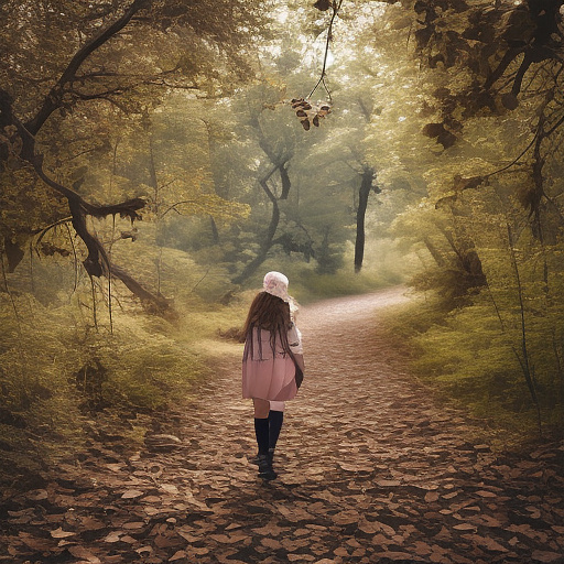 A 9-year-old girl is walking along a forest path. it's evening. she has a basket in her hand. view from behind. in custom style