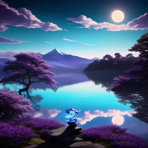 A cute little blue baby dragon with purple shades, on a lake and in the sky there is the moon, in yu-gi-oh style. in anime style