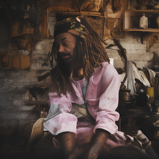 A black rastafarian is sitting on a worktable, smiling happily and smoking. the room is smoky. he's wearing a pink cap. in custom style