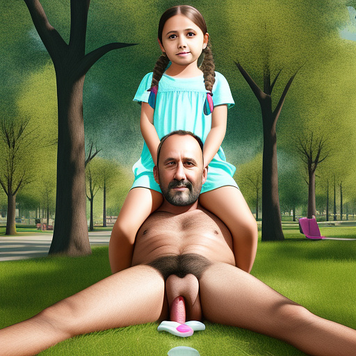 Ultra realistically a 9 year old girl sits in the park with a 40 -year -old man on his lap his penis penetrates into her vagina a sperm liquid runs out of her vagina in custom style