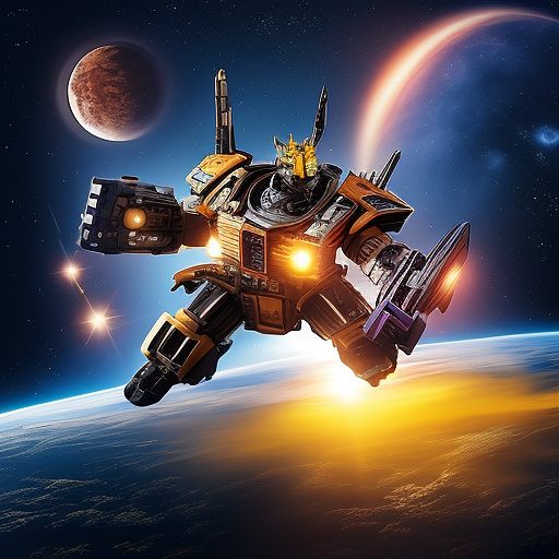 A cheerful transformer flies through space against the backdrop of planets. in custom style